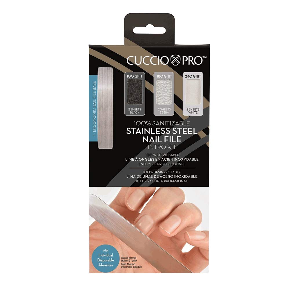 Cuccio Lixa de unha de aço inoxidável - Kit de introdução (1 lixa de unha ergonômica) (6 folhas)